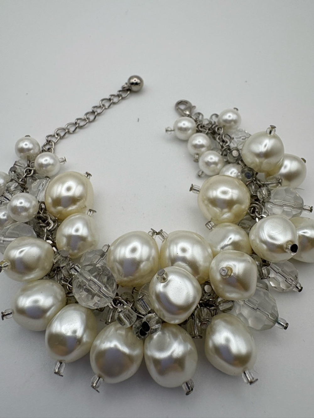 Statement Faux Pearl & Crystal Cluster Bracelet Silver Tone Bridal Wedding